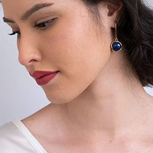 14k Gold Plated 925 Sterling Silver Lapis Lazuli Dangle Earrings For Women; Vintage Style Lapis Natural Gemstone Jewelry for Women; Dangling Navy Blue Stone Earrings