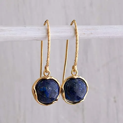 14k Gold Plated 925 Sterling Silver Lapis Lazuli Dangle Earrings For Women; Vintage Style Lapis Natural Gemstone Jewelry for Women; Dangling Navy Blue Stone Earrings