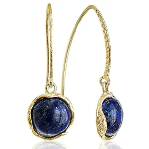 14k Gold Plated 925 Sterling Silver Lapis Lazuli Dangle Earrings For Women; Vintage Style Lapis Natural Gemstone Jewelry for Women; Dangling Navy Blue Stone Earrings