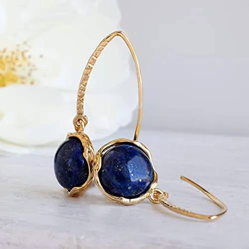 14k Gold Plated 925 Sterling Silver Lapis Lazuli Dangle Earrings For Women; Vintage Style Lapis Natural Gemstone Jewelry for Women; Dangling Navy Blue Stone Earrings