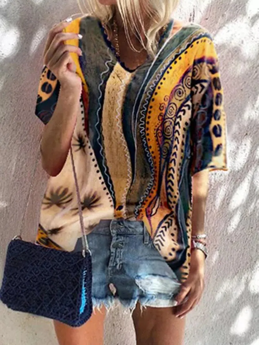 Bohemian Retro Casual Loose Color Block Top