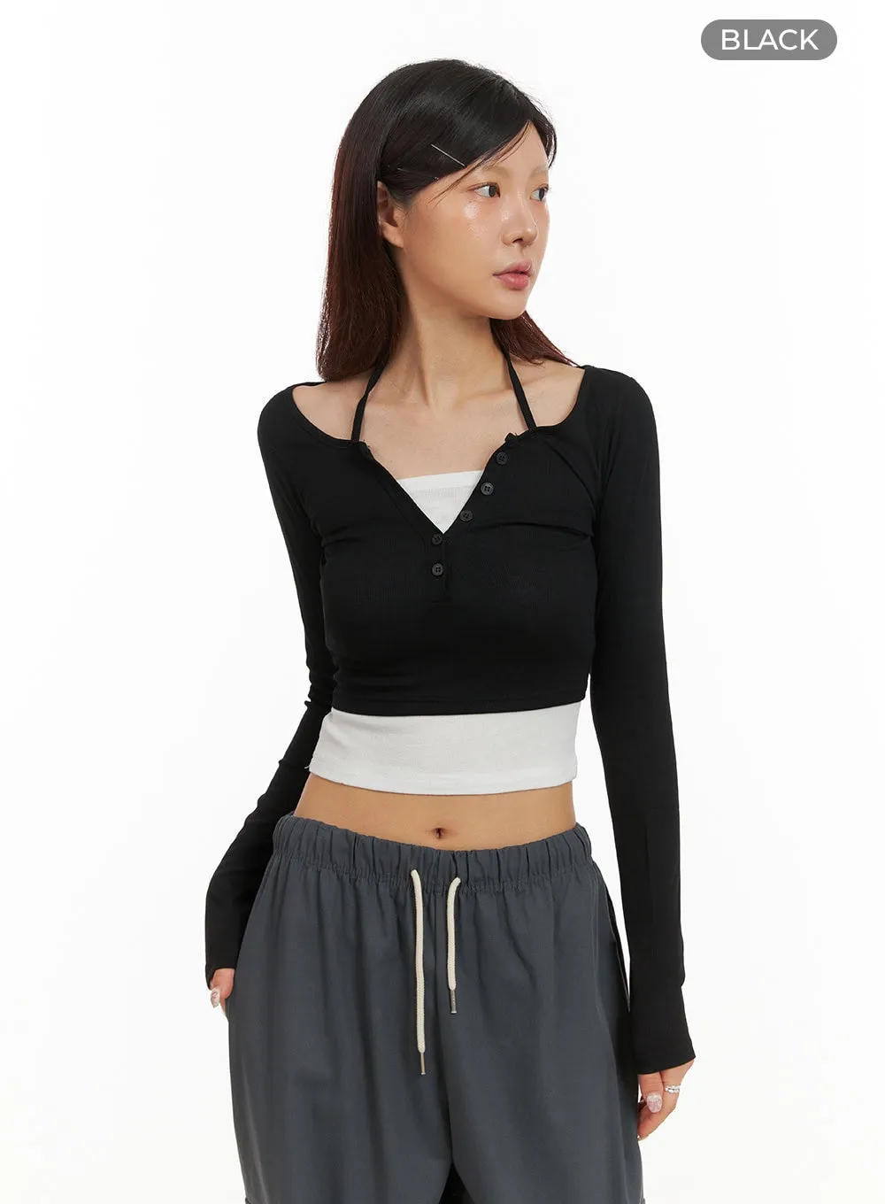 Buttoned Halter Crop Top IY410