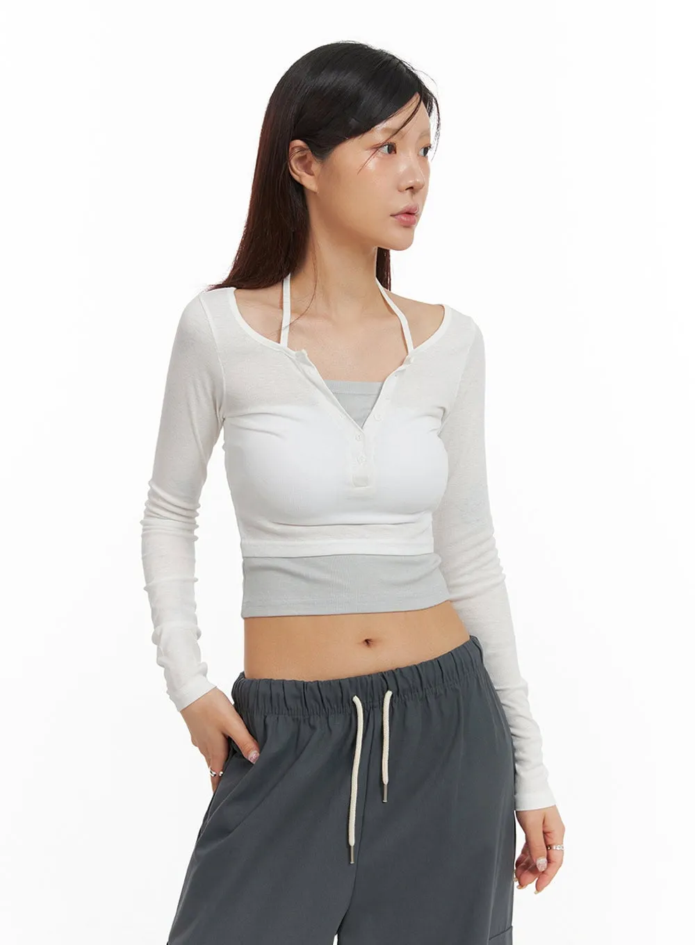 Buttoned Halter Crop Top IY410