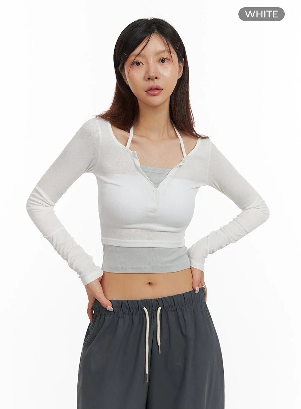 Buttoned Halter Crop Top IY410