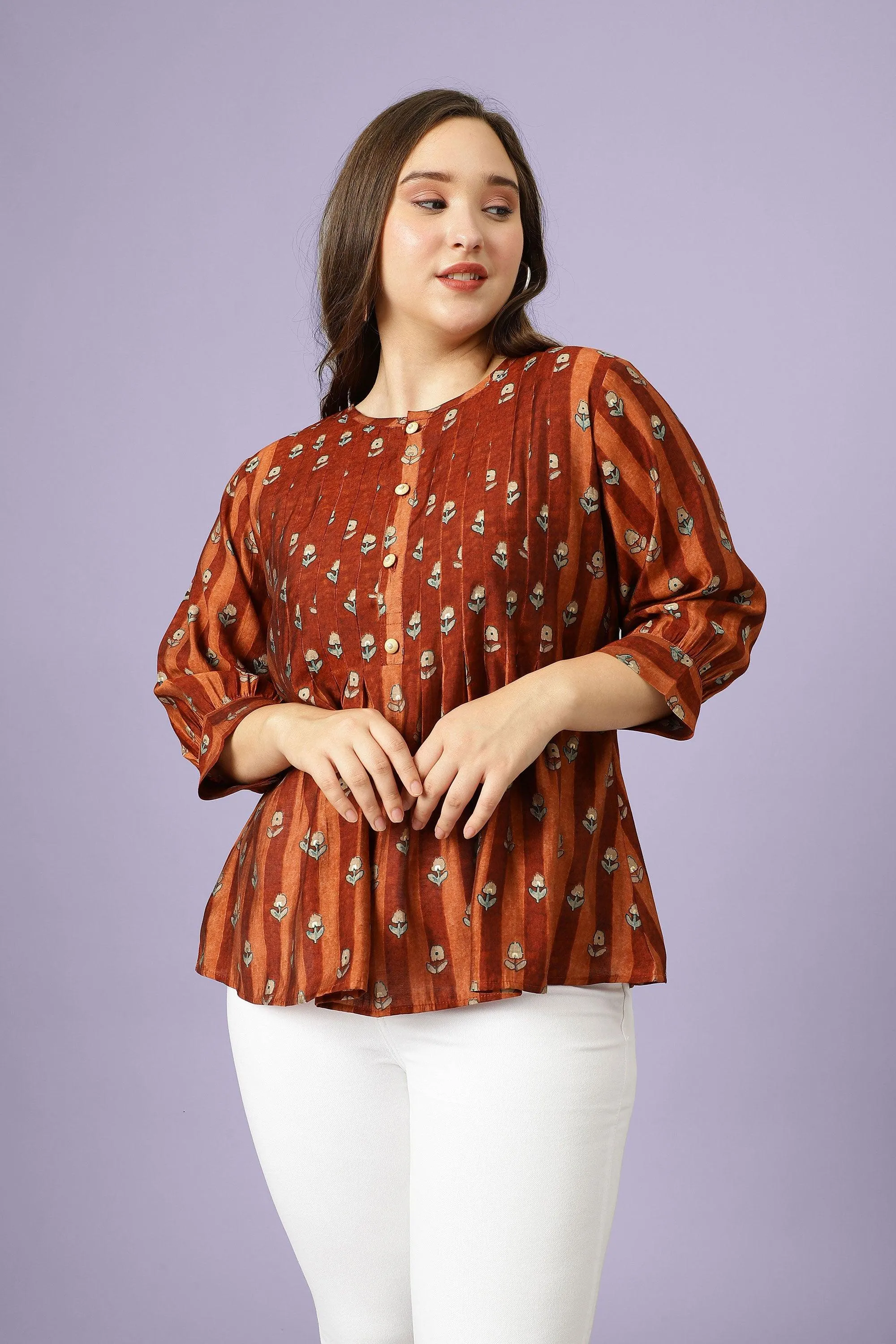 Curvy Lane Women Plus Size Floral Print Pleated Top