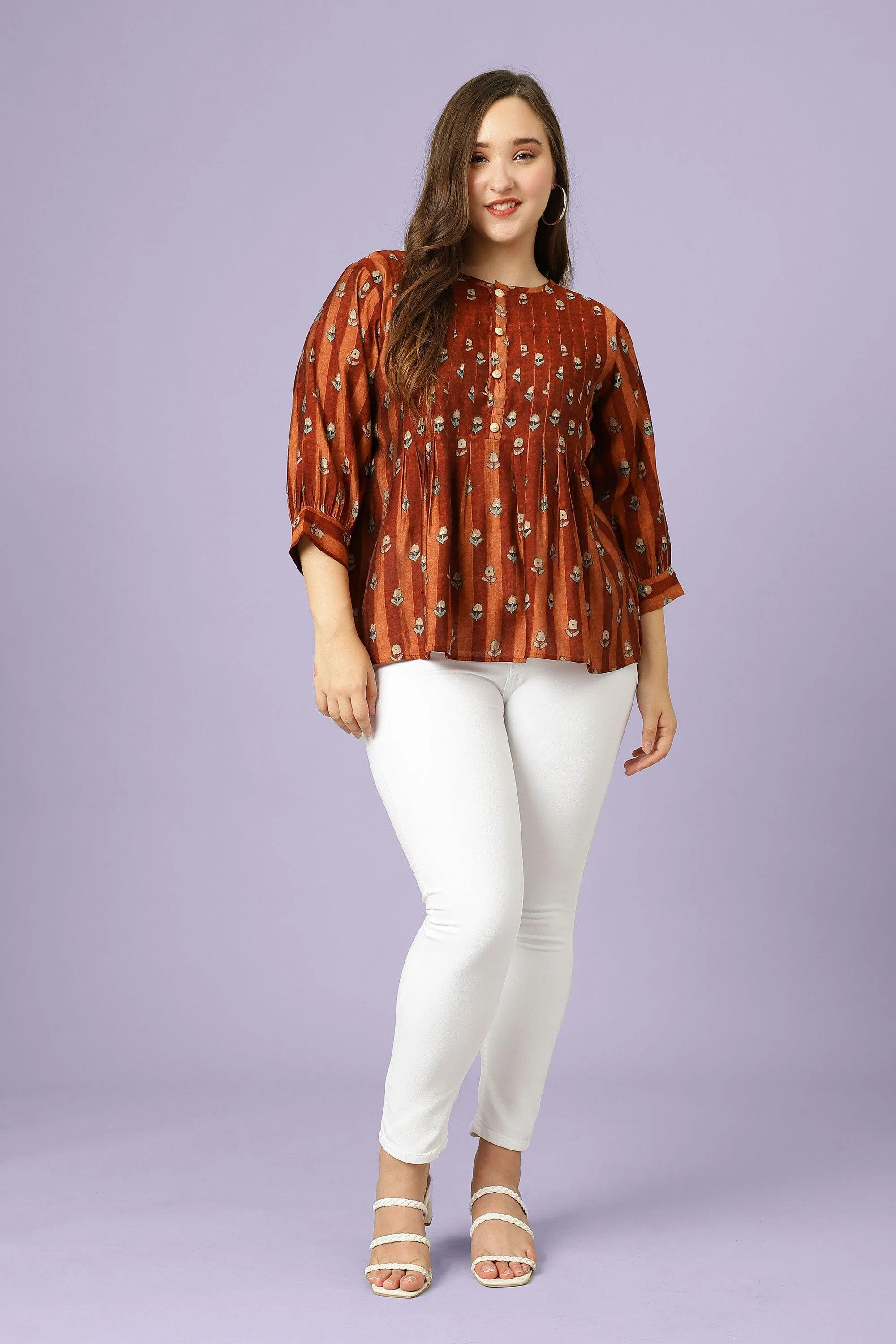 Curvy Lane Women Plus Size Floral Print Pleated Top