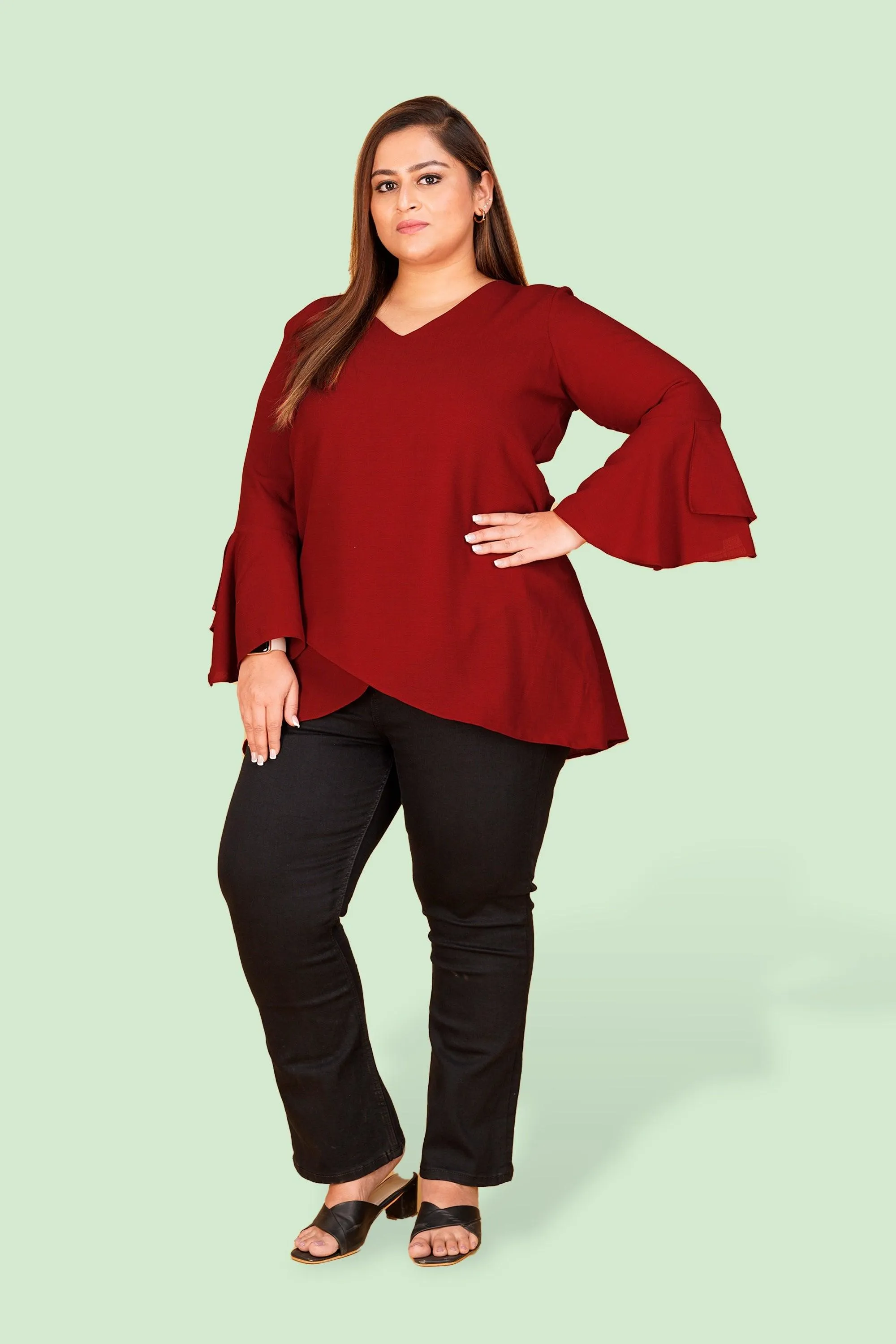 Curvy Lane Women Plus Size Over Lap Top with Flare Sleeves