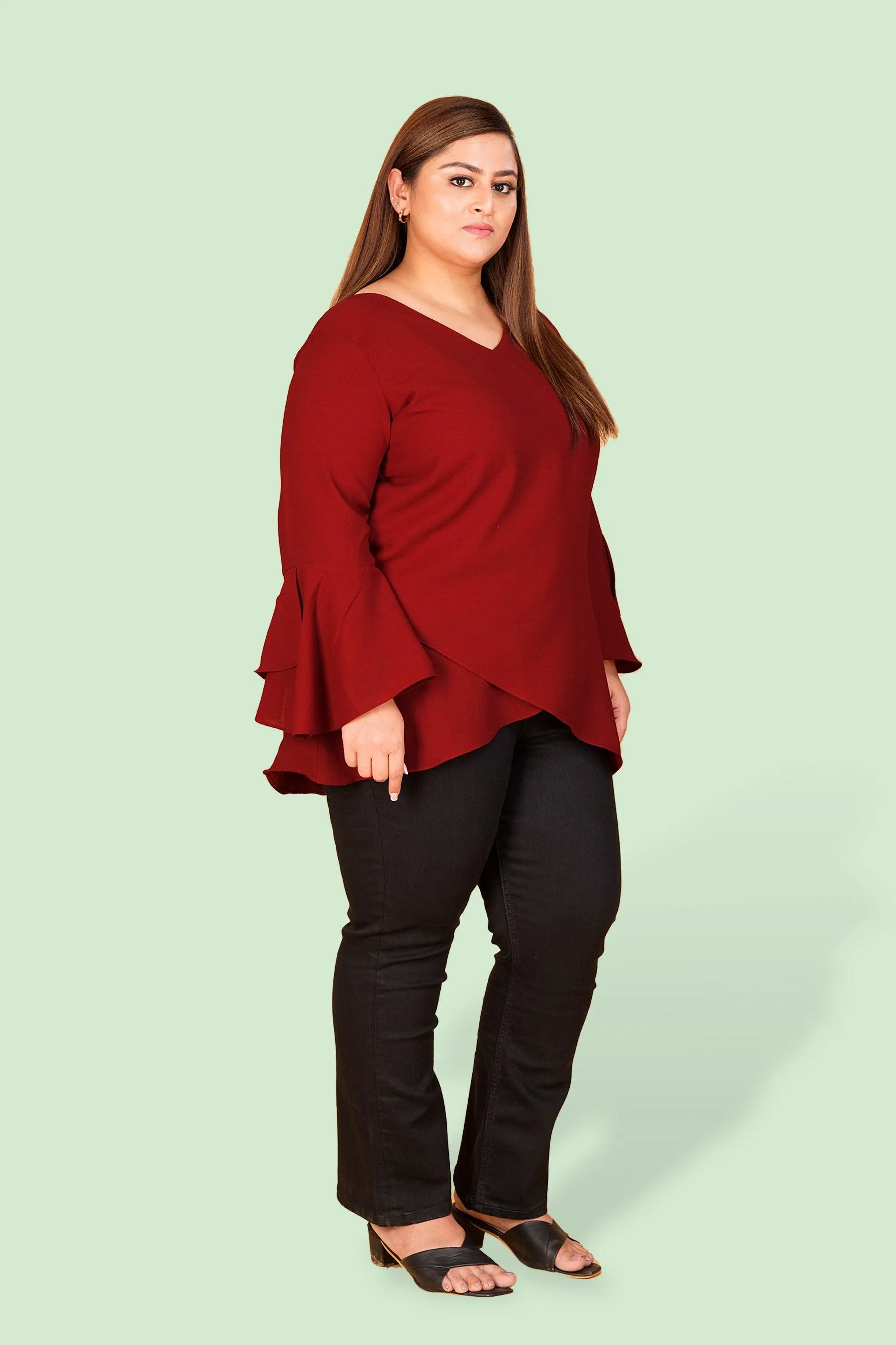 Curvy Lane Women Plus Size Over Lap Top with Flare Sleeves