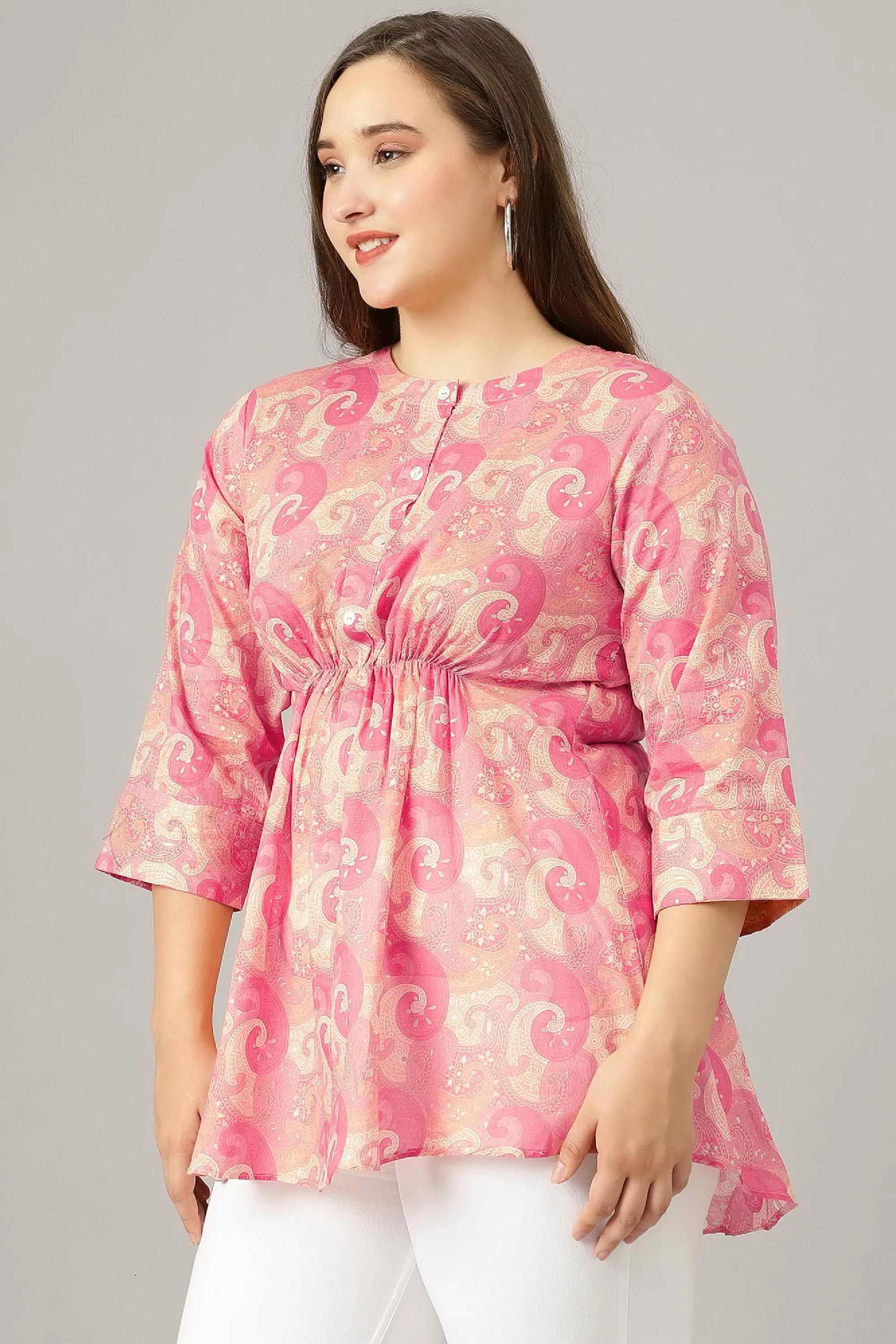 Curvy Lane Women Plus Size Paisley Foil Printed Pink Top