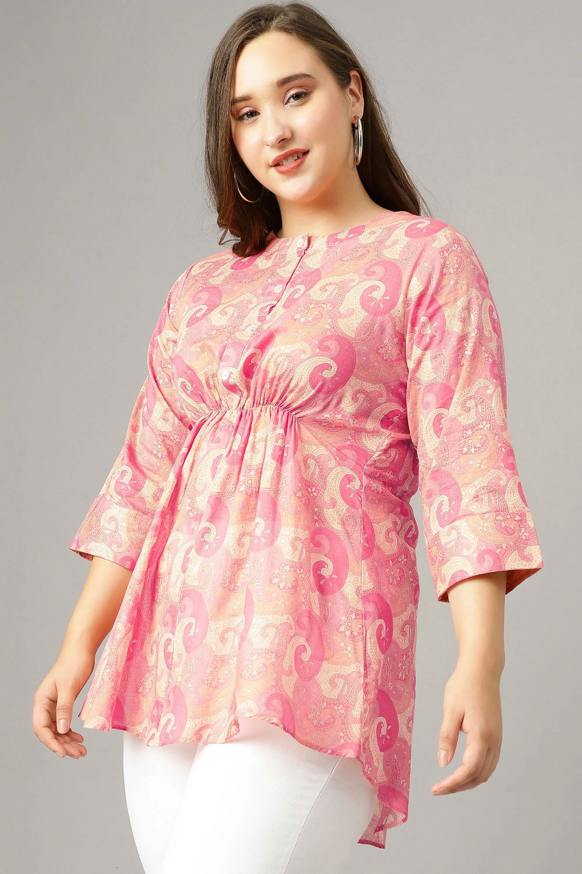 Curvy Lane Women Plus Size Paisley Foil Printed Pink Top