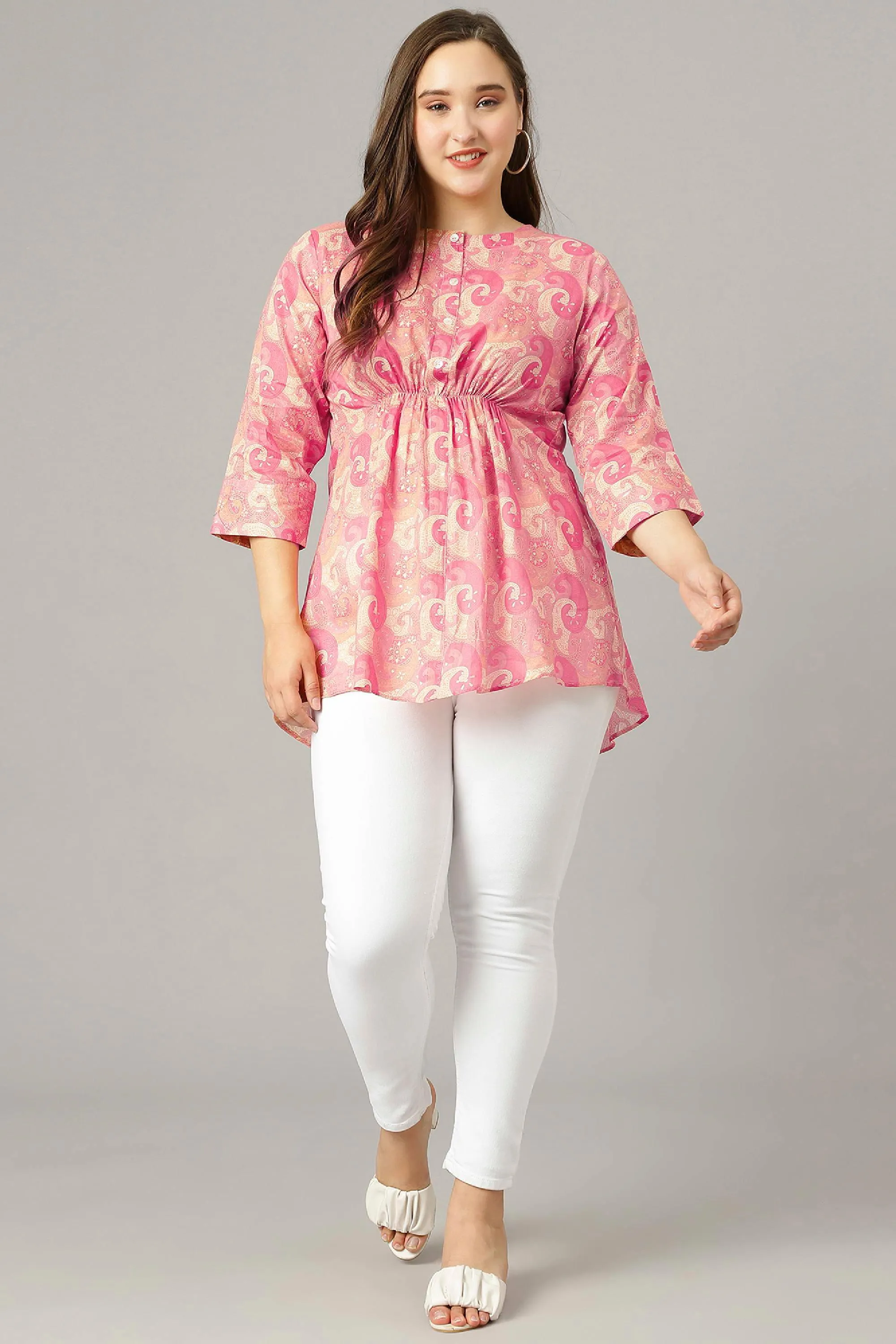 Curvy Lane Women Plus Size Paisley Foil Printed Pink Top