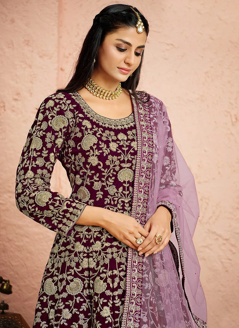 Deep Wine Embroidered Velvet Anarkali Suit