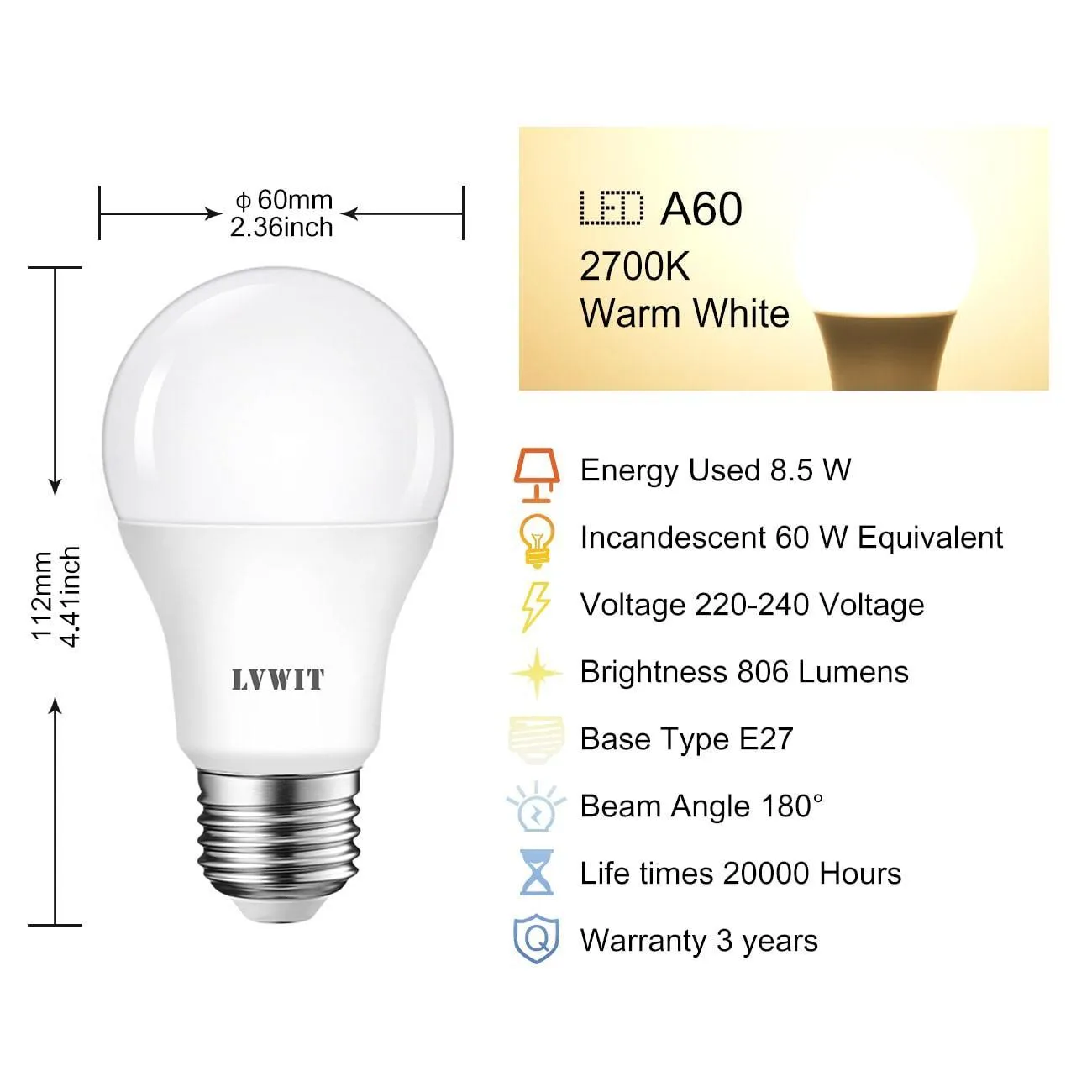 E27 LED Light Bulbs, 806 Lm A60 6PCS