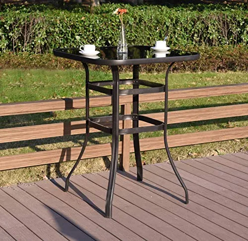 Emerit Bar Height Patio Table Bistro High Top Patio Table Outdoor Bar Table Metal Frame Tempered Glass Table High Top