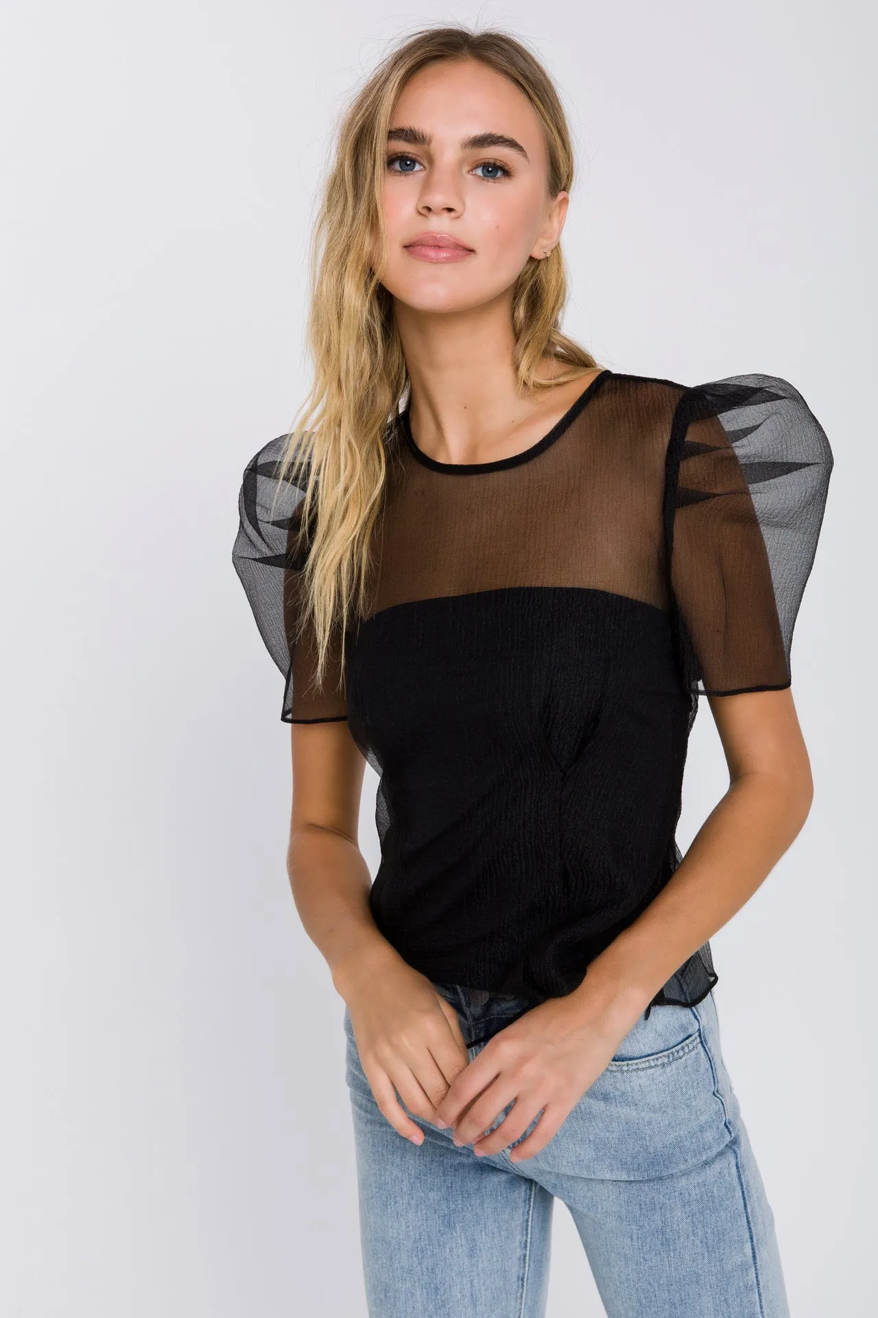 Endless Rose - Mesh Puff Short Sleeve Top