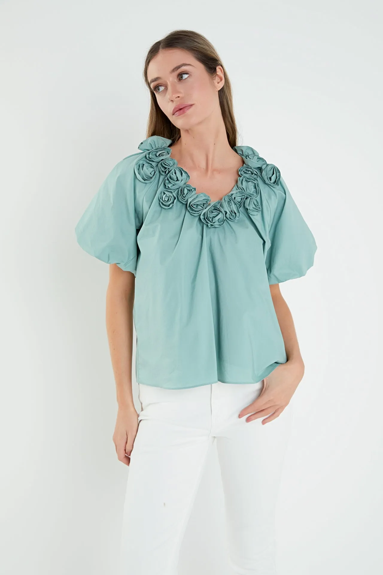 English Factory - Flower Neckline Puff Sleeve Top