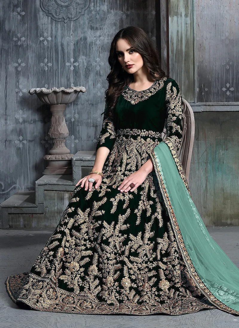 Green Golden Embroidered Indian Anarkali Suit