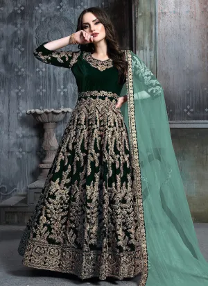 Green Golden Embroidered Indian Anarkali Suit