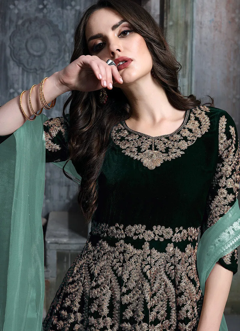 Green Golden Embroidered Indian Anarkali Suit