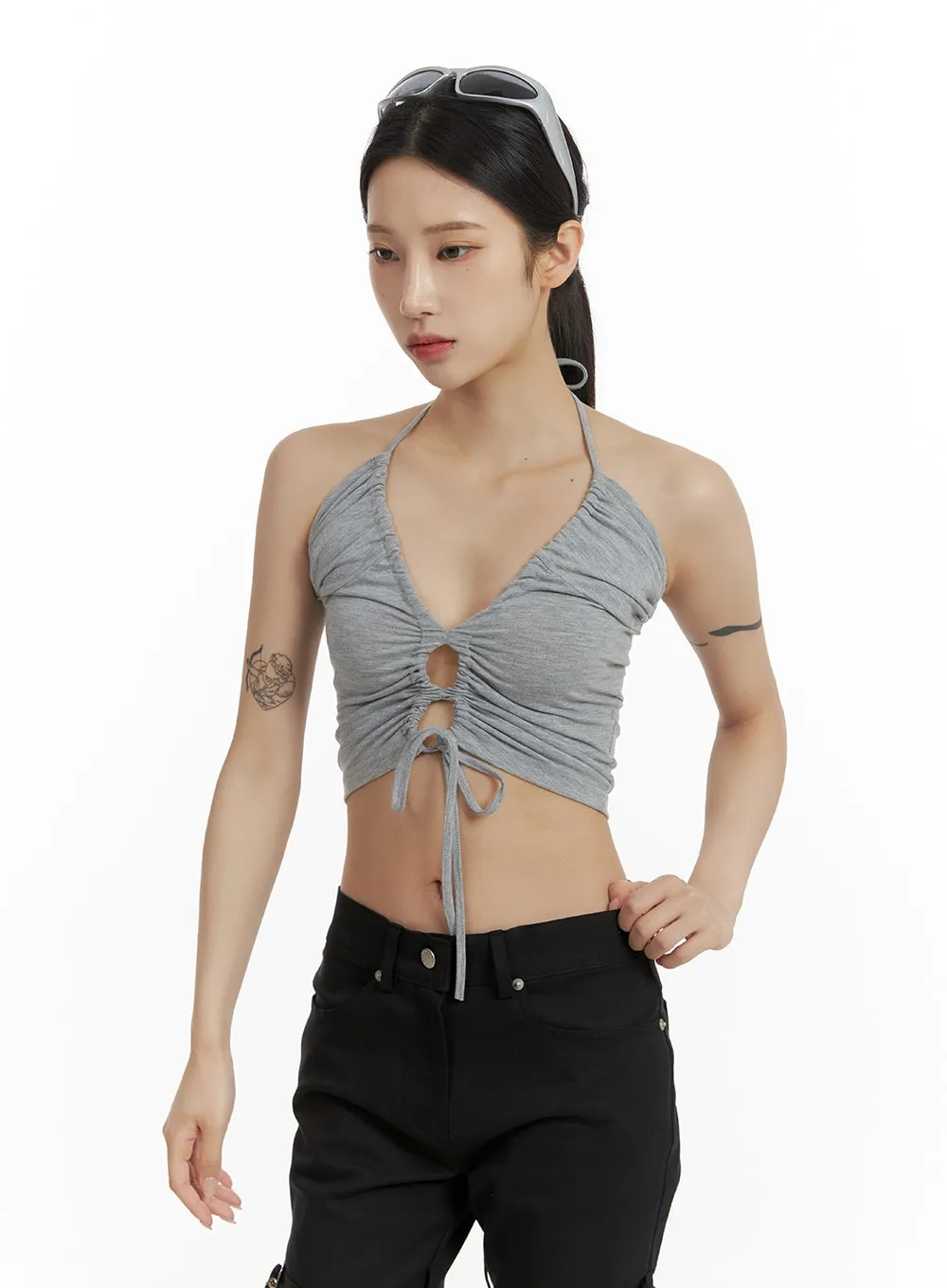 Halter Neck Shirred Crop Tank Top CF429