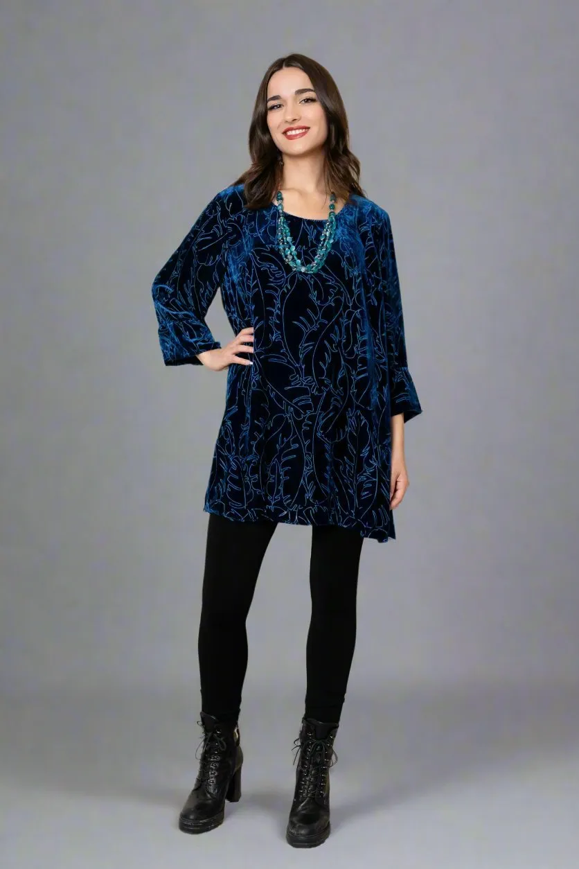 Leaf Print Velvet Top - Azure