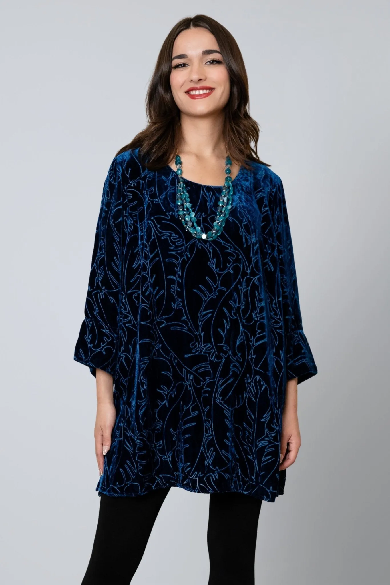 Leaf Print Velvet Top - Azure