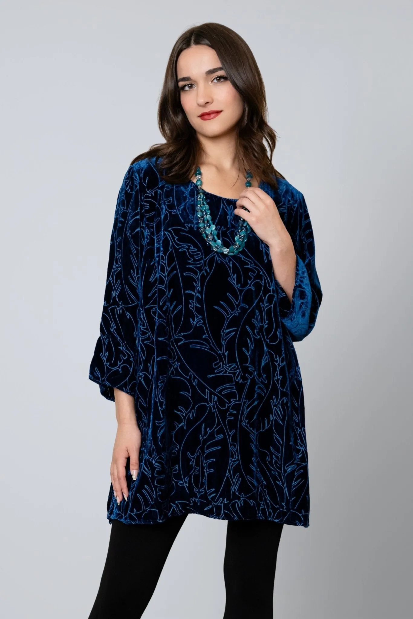 Leaf Print Velvet Top - Azure