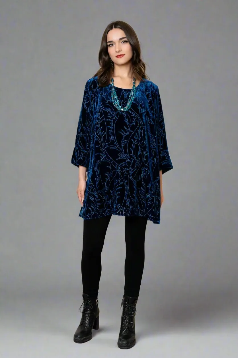 Leaf Print Velvet Top - Azure