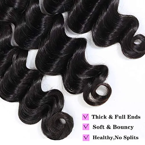 Loose Deep Wave Bundles with frontal,Brazilian Virgin Hair Loose Wave Bundles with 13x4 Frontal,100% Unprocessed Human Hair Loose Deep Bundles with Swiss Lace Frontal (14"16"18"with 12" Frontal )