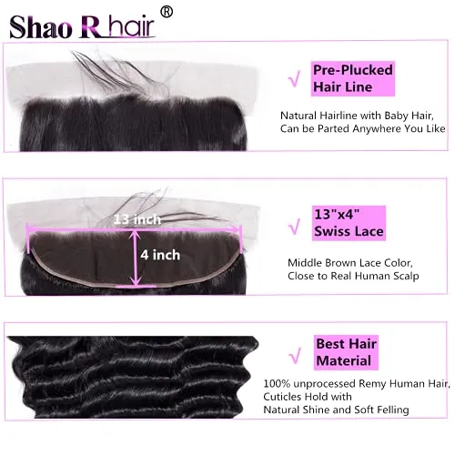 Loose Deep Wave Bundles with frontal,Brazilian Virgin Hair Loose Wave Bundles with 13x4 Frontal,100% Unprocessed Human Hair Loose Deep Bundles with Swiss Lace Frontal (14"16"18"with 12" Frontal )