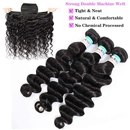 Loose Deep Wave Bundles with frontal,Brazilian Virgin Hair Loose Wave Bundles with 13x4 Frontal,100% Unprocessed Human Hair Loose Deep Bundles with Swiss Lace Frontal (14"16"18"with 12" Frontal )