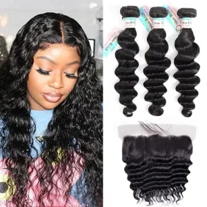 Loose Deep Wave Bundles with frontal,Brazilian Virgin Hair Loose Wave Bundles with 13x4 Frontal,100% Unprocessed Human Hair Loose Deep Bundles with Swiss Lace Frontal (14"16"18"with 12" Frontal )