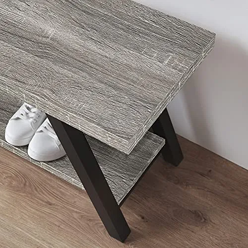 LVB Farmhouse Entryway Bench, Rustic Wood and Metal Storage Bench for Living Dining Room, Industrial Indoor Entry Way Shoe Benches Seat, Light Grey Oak, 47 Inch Long