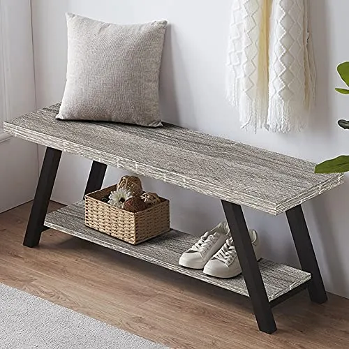 LVB Farmhouse Entryway Bench, Rustic Wood and Metal Storage Bench for Living Dining Room, Industrial Indoor Entry Way Shoe Benches Seat, Light Grey Oak, 47 Inch Long