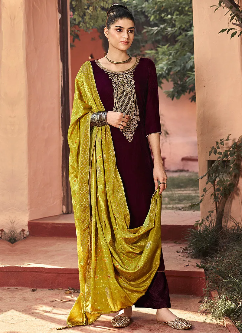 Maroon And Yellow Pakistani Palazzo Suit