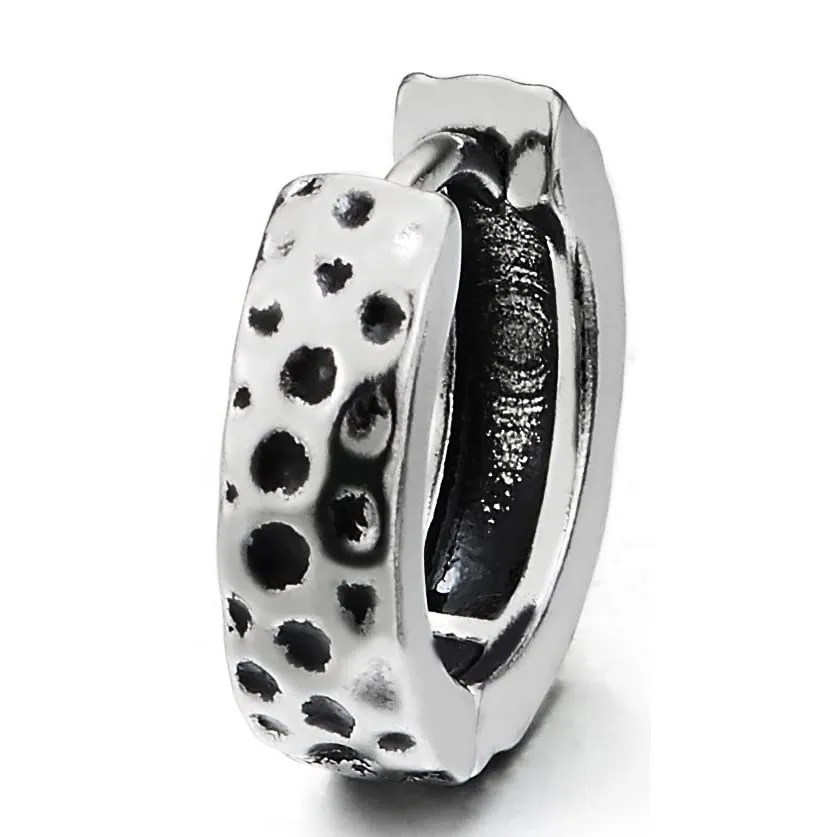 Mens Women Stainless Steel Concave Dots Pattern Huggie Hinged Hoop Earrings 2 pcs