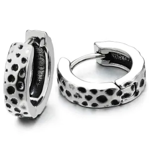 Mens Women Stainless Steel Concave Dots Pattern Huggie Hinged Hoop Earrings 2 pcs