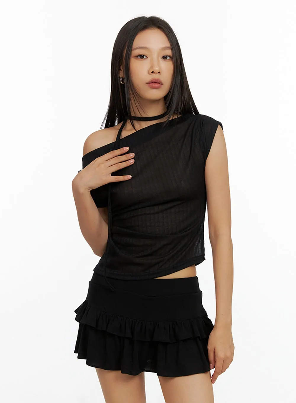 One Shoulder Crop Top with Thin Scarf Set IL409