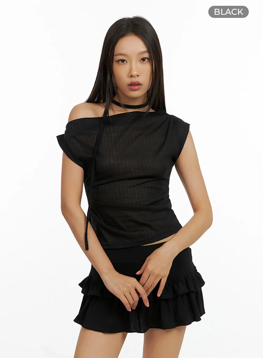 One Shoulder Crop Top with Thin Scarf Set IL409