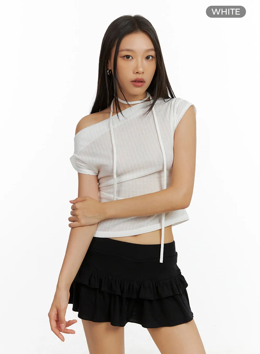 One Shoulder Crop Top with Thin Scarf Set IL409