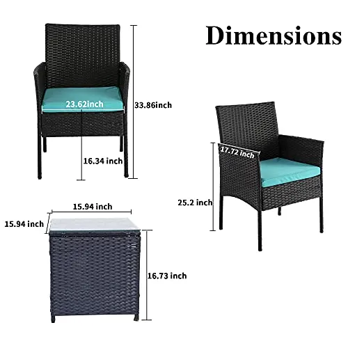 Patio Furniture Set Outdoor 3 Pieces, Wicker Patio Chairs Set with Glass Coffee Table and Soft Cushions for Garden Backyard Porch Lawn Poolside, Black and Turquoise