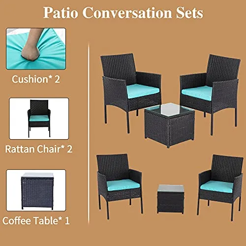 Patio Furniture Set Outdoor 3 Pieces, Wicker Patio Chairs Set with Glass Coffee Table and Soft Cushions for Garden Backyard Porch Lawn Poolside, Black and Turquoise