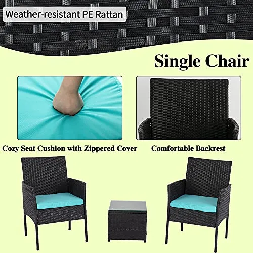 Patio Furniture Set Outdoor 3 Pieces, Wicker Patio Chairs Set with Glass Coffee Table and Soft Cushions for Garden Backyard Porch Lawn Poolside, Black and Turquoise