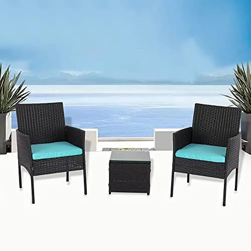 Patio Furniture Set Outdoor 3 Pieces, Wicker Patio Chairs Set with Glass Coffee Table and Soft Cushions for Garden Backyard Porch Lawn Poolside, Black and Turquoise