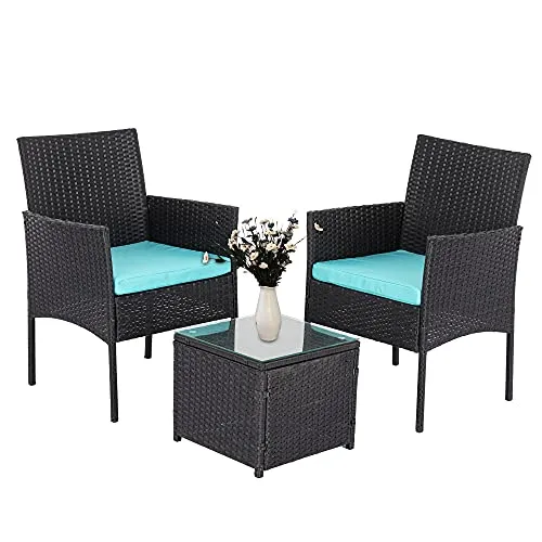 Patio Furniture Set Outdoor 3 Pieces, Wicker Patio Chairs Set with Glass Coffee Table and Soft Cushions for Garden Backyard Porch Lawn Poolside, Black and Turquoise