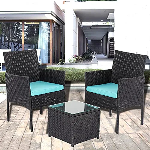 Patio Furniture Set Outdoor 3 Pieces, Wicker Patio Chairs Set with Glass Coffee Table and Soft Cushions for Garden Backyard Porch Lawn Poolside, Black and Turquoise