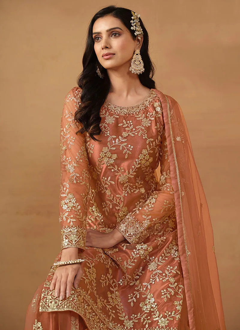 Peach Embroidery Net Gharara Suit