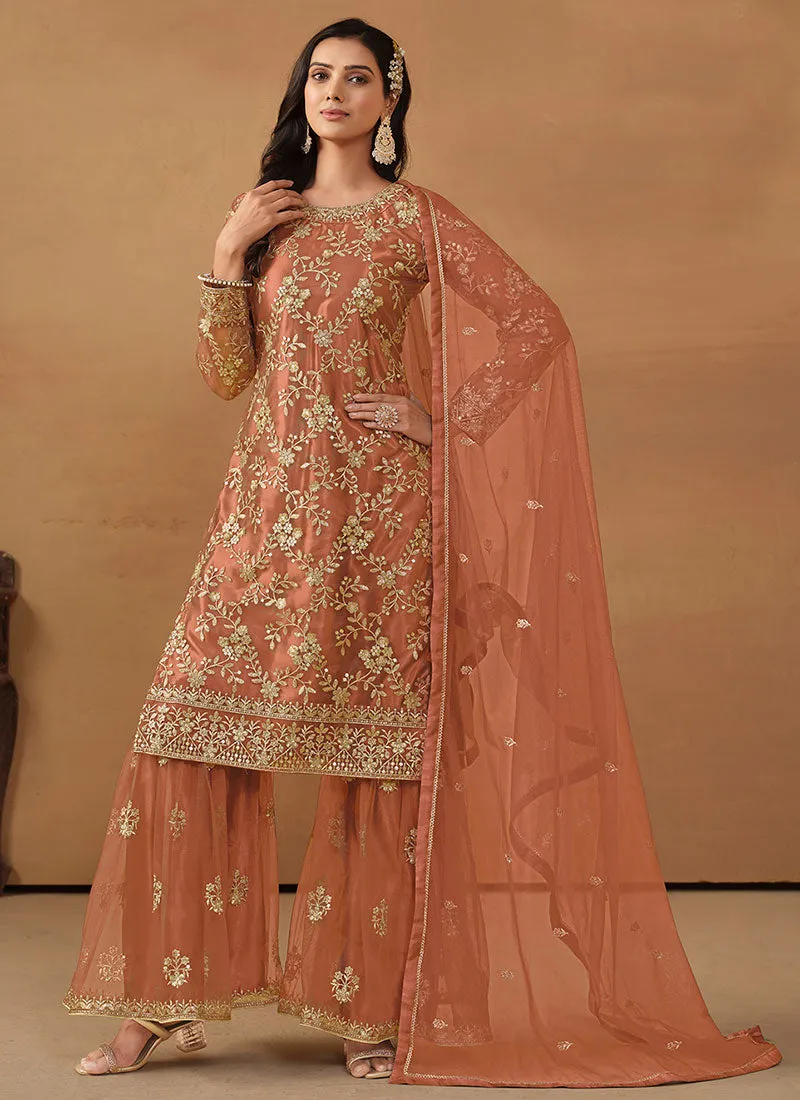 Peach Embroidery Net Gharara Suit