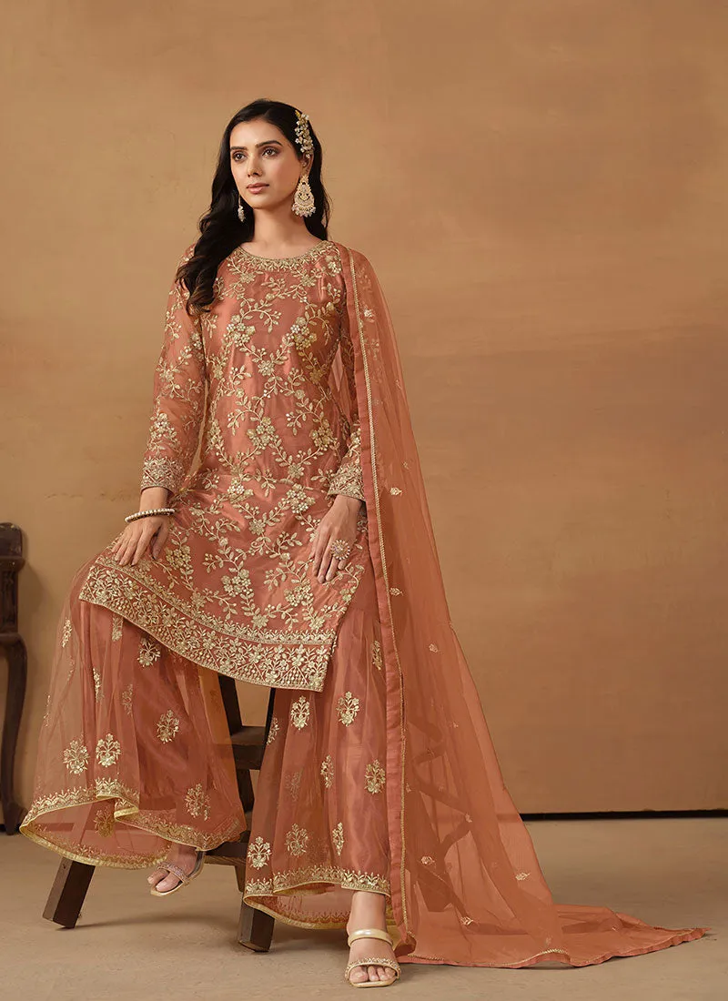 Peach Embroidery Net Gharara Suit