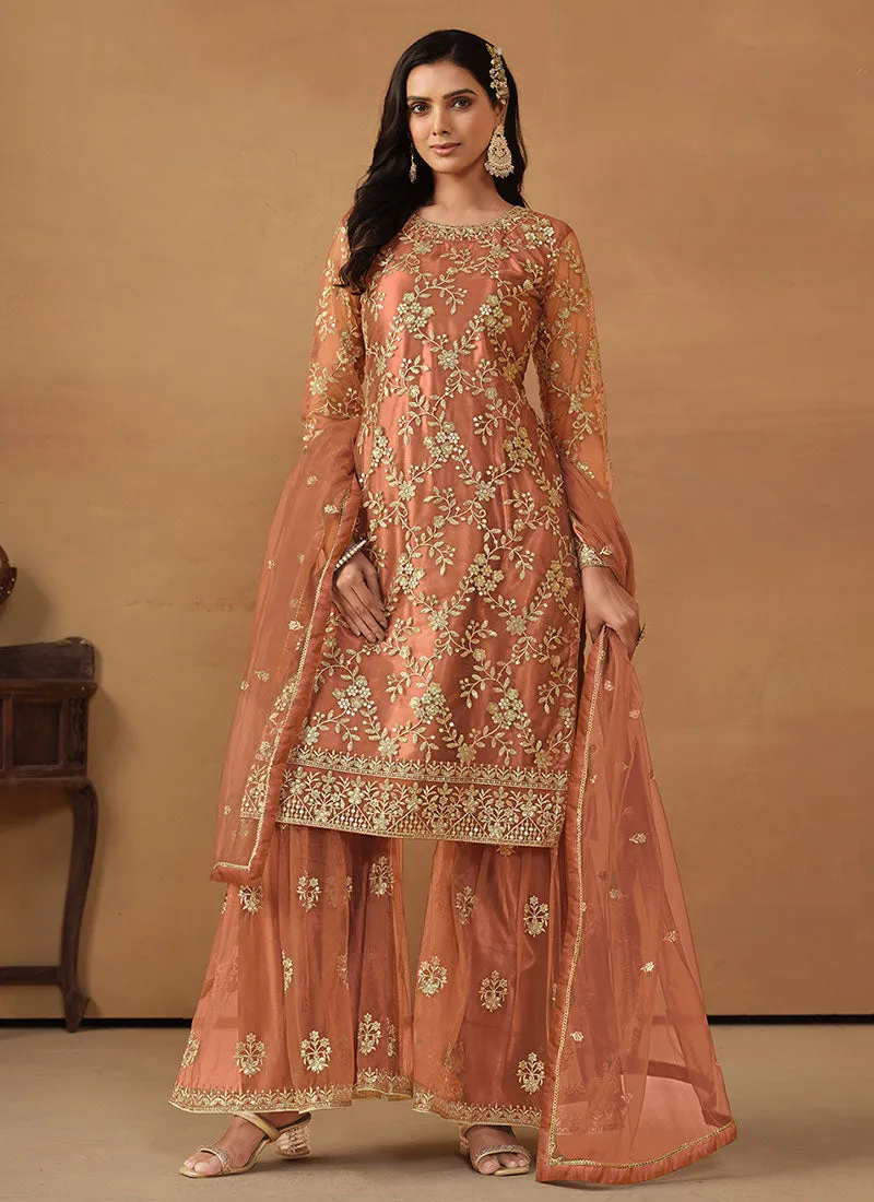 Peach Embroidery Net Gharara Suit